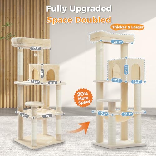 Image of MUTTROS Large Cat Tree with Reinforced Scratching Posts (φ3.7in) for Big Adult Cats 30 lbs, 57.8 inch Heavy Duty Cat Tower with Larger Hammock and Condo, Cat Furniture for Maine Coon, Plush,Beige