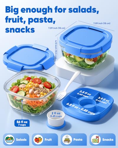 Image of Canfanni Glass Salad Container, 56oz Bowl with Airtight Lids, Tray, Fork