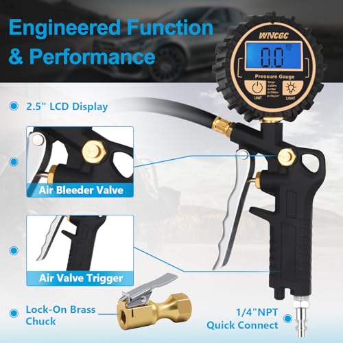 Image of Digital Tire Pressure Gauge with Inflator, 250PSI Air Chuck Compressor Accessories with Quick Connect Coupler Heavy Duty Tire Inflator Gauge, 0.1 Display Resolution for Truck,RV, SUV