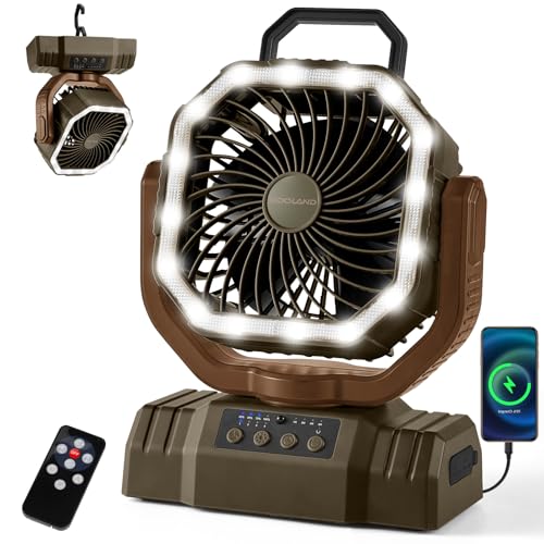Odoland Portable Camping Fan with LED Lantern, 20000mAh Rechargeable Battery Powered Fan with Auto Oscillation, Timer, Remote, 360° Rotation Hook, 4 Speeds for Power Outage Travel Home,Brown