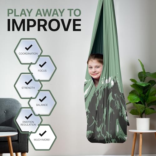 Image of Indoor Sensory Swing for Kids or Outdoor - Holds 300lbs, Double-Layer, & 360 Swivel, Calming Compression Therapy Swing Hammock for Kids & Adults with All Hardware - Sensory-Motor Toys & Gifts