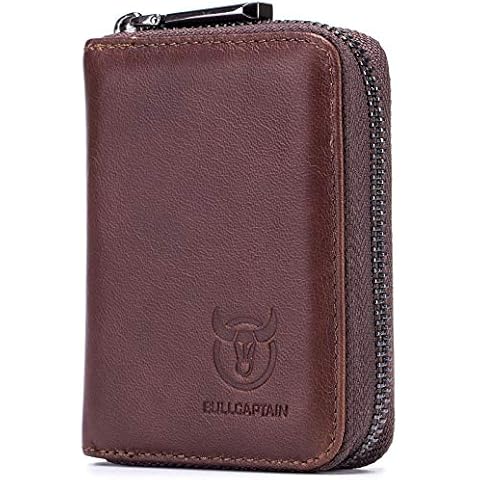 BULLCAPTAIN Genuine Leather Men Wallet Card Holder Cards Zipper Credit Card Pack Case Purse (Brown) Cover
