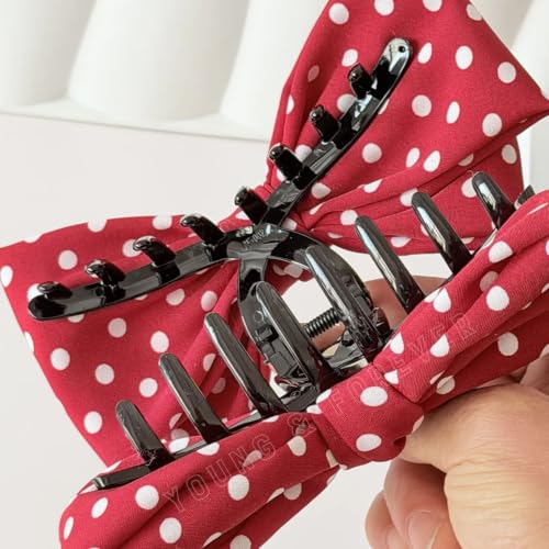 Image of Young & Forever Oversized Polka Dot Bow Hair Claw Clip for Women & Girls - Stylish Red & White French Barrette Hair Accessory for Long & Thick Hair - Elegant Retro Party & Casual Hair Clip