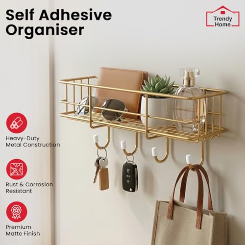 Image of Trendy Home Self Adhesive Bathroom Shelf Organiser, Drill-Free Wall Rack | with Magic Stickers & 4 Hooks, Rust-Proof Storage Shelf for Bathroom, Gold