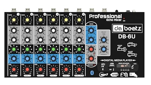 Image of DaBeatz 6-Channel Stereo Echo DJ Sound Mixer with USB and Bluetooth for Parties, Stage Effects, Weddings, Diwali Giving Your Occasion an Impressive Output. (Black) (DB-6U)
