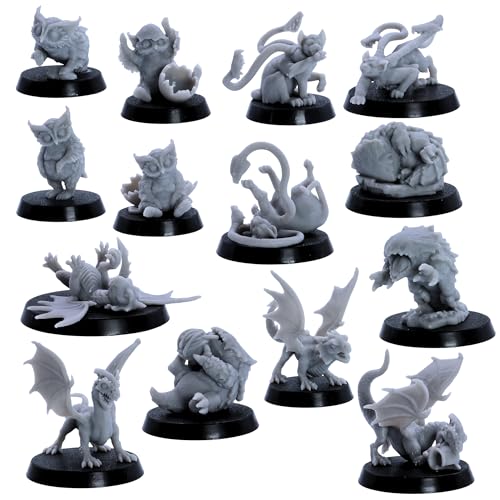Baby Dragons & Monsters Miniature DnD Set – 14 Fantasy Creatures (Red & White Wyrmlings, Owlbears, Bulettes, Phase Panthers) | Epic Miniatures | DnD starter set