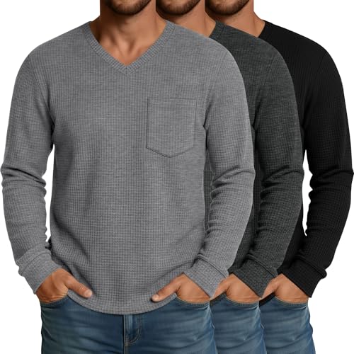 Neer 3 Pack Mens Big and Tall Waffle Shirts Long Sleeve V Neck Pullover Underwear Tops Basic Undershirts with Pocket(Black, Dark Gray, Light Gray,3X-Large)