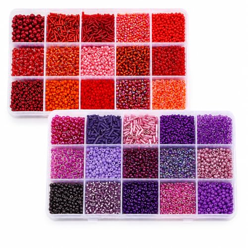 2 Boxes 30 Colors Seed Beads Bugle Beads Kit for Jewelry Making 15 Compartments Per Box DIY Bracelet Necklace Earrings Craft Beads Mini Glass Beads for Handmade Jewelry (Red)