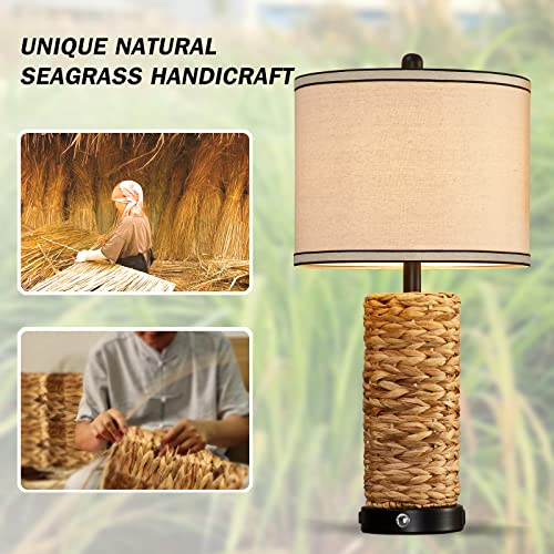 Touch Table Lamps Set Of 2, 3-Way Dimmable Bedside Lamps Coastal Rattan Nightstand Lamp With 2 Usb Ports And Ac Outlet Woven Seagrass Led Table Lamp For Living Room Home Office,2 Led Bulbs Included #TOP5