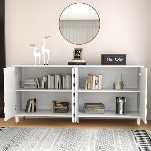 howcool 63\'\' Sideboard Buffet Cabinet, White Storage Cabinet with 4 Doors, Modern Credenza Accent Cabinet Featuring Semi-Circular Pattern for Dining Room, Living Room
