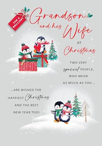 Christmas Card, For a Brillant Grandson & Wife - 9 x 6 inches - Piccadilly Greetings