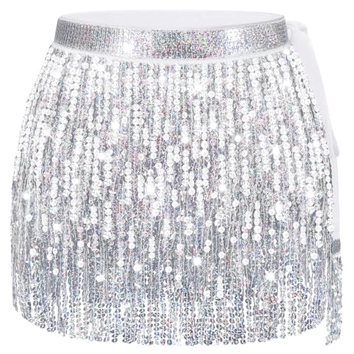 Silver Sequin Skirt Women Silver Sparkly Skirt for Women White Sequin Skirts White Fringe Skirts for Womens Rave Outfits