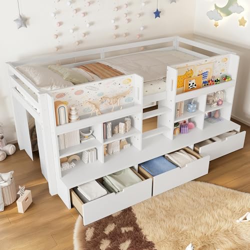 Image of Twin XL Size Low Loft Bed for Kids with Storage Shelves, Play Curtain & Chalkboard,Space-Saving Design,No Box Spring Needed (White-TX)