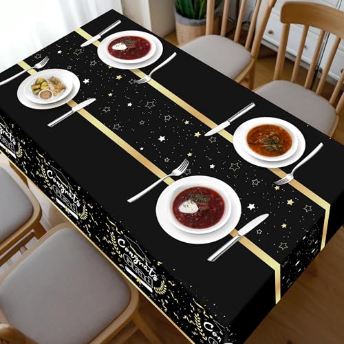 Image of Childom 2 Pack Graduation Tablecloth,Graduation Decorations Class of 2026 Graduation Party Decorations,54 inchx108 inch Black and Gold Plastic Table Cloth Disposable Rectangle for Home,School,Party Supplies