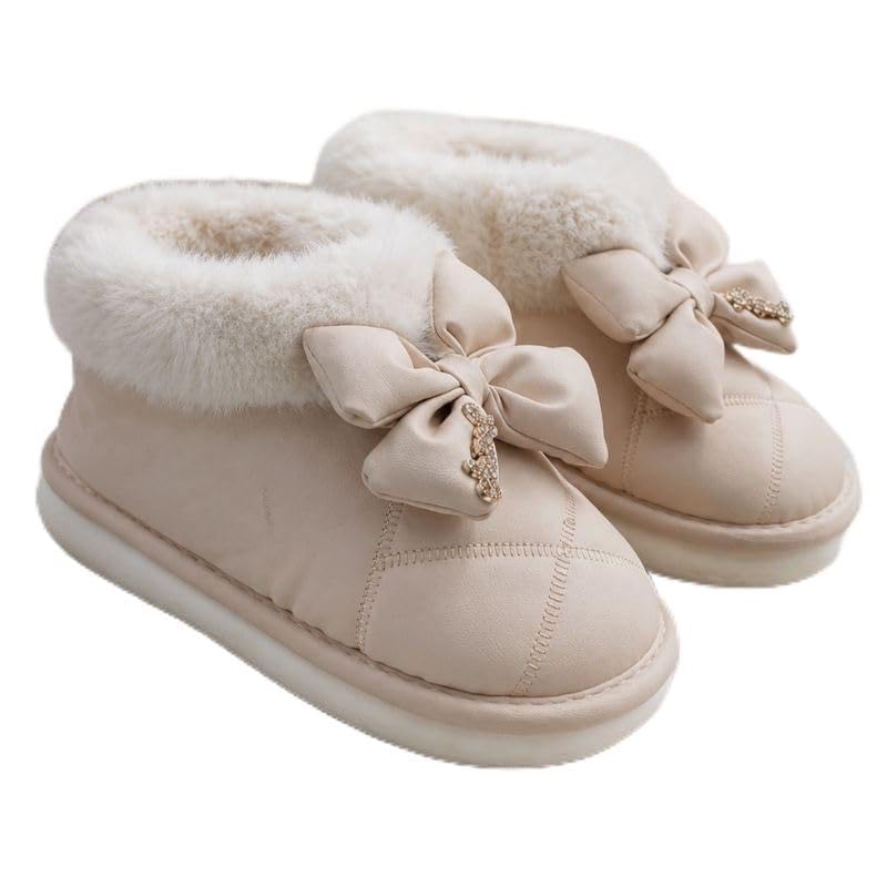 pollo loco Women Winter Fur-Lined Slip-On Flat Boots with Decorative Bow (Beige, 5, UK Footwear Size System, Adult, Women, Alpha, Medium, Medium)-picture-11