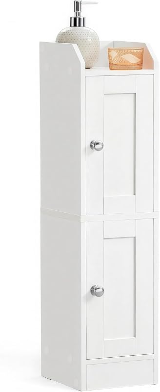 VASAGLE Siren Collection - Meuble de Salle de Bain Fin, Colonne de Rangement, Buffet, pour Papier Toilette, Étagères Réglables, Porte Réversible, Style Maison de Campagne, Blanc Nuage BBK312WB02