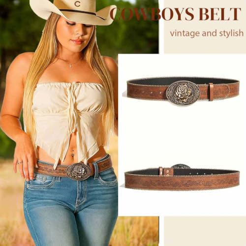 Image of Yalice Western Brown Belt for Women Vintage Cowgirls Leather Jeans Belts with Embossed Buckle