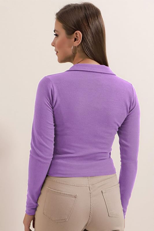 Image of Dream Beauty Fashion Women's Collared Neck Long Sleeve Slim Fit Casual Tee Top, 23 inch inches (Apple-01-P)