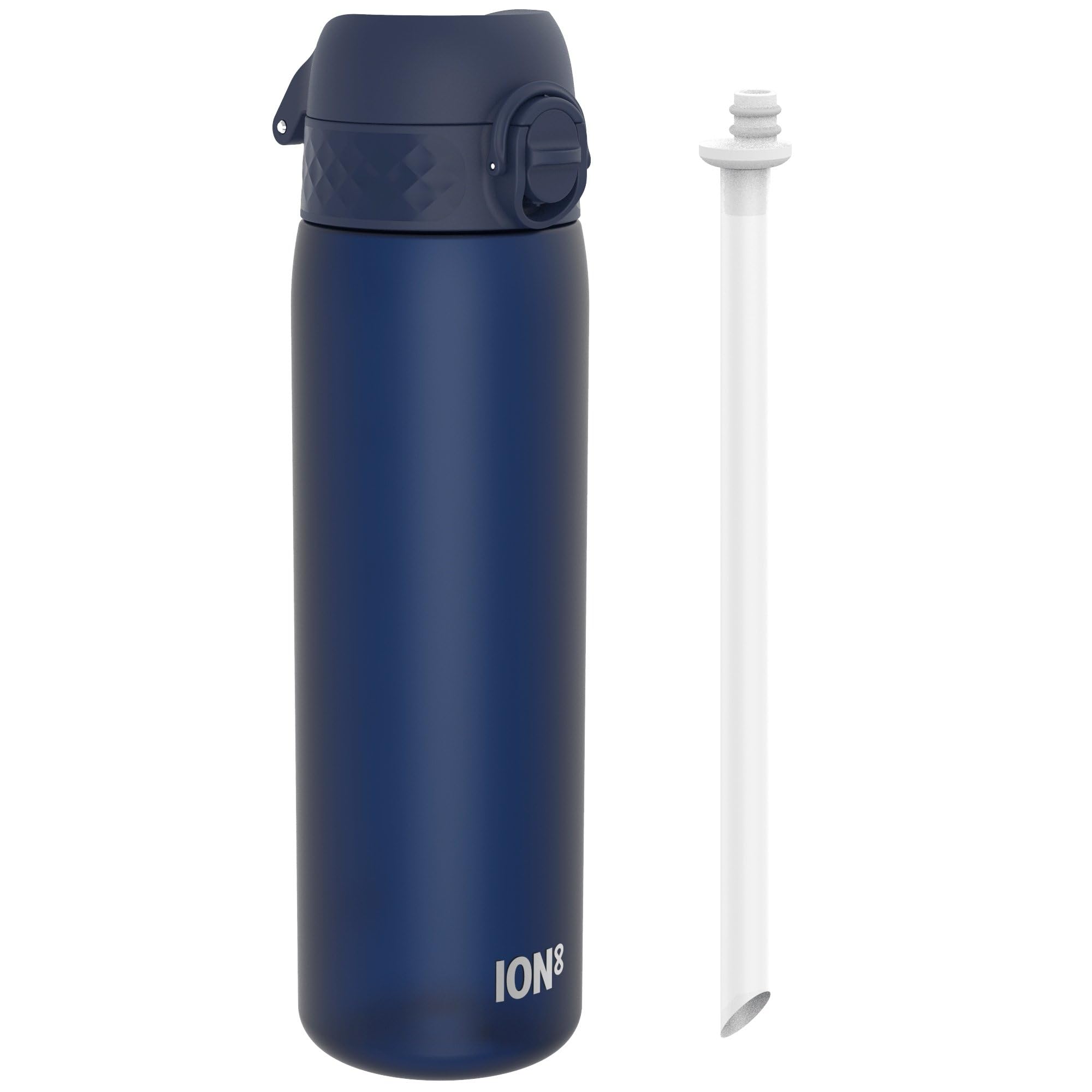 Ion8 500ml Water Bottle, Leak Proof & BPA-Free Drinking Bottle with Straw, Triple Lock Lid to Prevent Spills & Integrated Handle, Carbon Neutral, 500ml/18oz, Recyclon, Navy with Straw