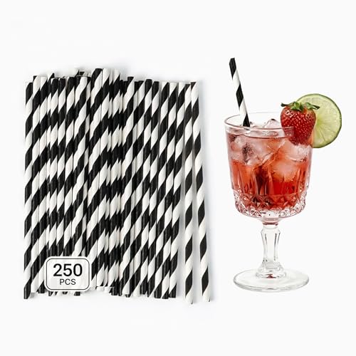 PakTalk 5.5 Inch Disposable Cocktail Straws for Coffee Aperol Spritz Cocktails Bar Club Party (Black and White)