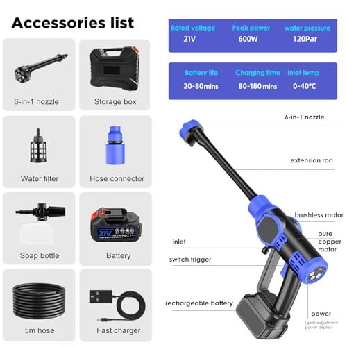 Cordless Pressure Washer with Battery& 6 in 1 Nozzle, 2600mAh Battery-Operated Portable Brushless Power Washer with 5M Hose, Adjustable Foam Cannon, Storage Box, Jet Wash Tool for Patio/Car/Garden - Image 9
