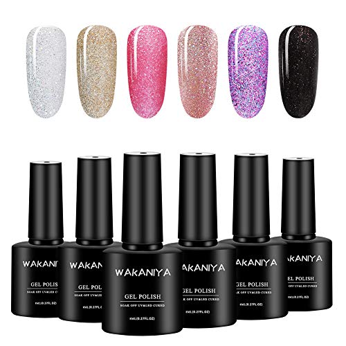 TOMICCA Glitter Gel Nail Polish Set , 6 Sparkle Colors UV LED Gel Nail Varnish Kit with Brush, (6 Bottles) Rose Gold Pink Gold Silver Purple Black, Sock Off Gel Polish