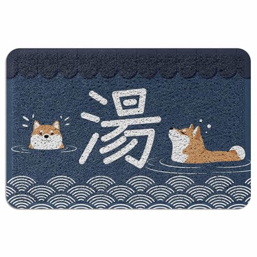Ooomigasusi 玄関マット 和風 湯 可愛い秋田犬 犬 波紋 紺色 ドアマット 60×90cm 屋内 屋外 ループ状 泥落とし 滑り止め付 吸水 足ふき 洗える 業務用 自宅用 厚手 浴室 お風呂 円角長方形 丈夫 抗菌 防臭
