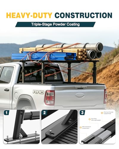 Image of Adjustable Aluminum Truck Ladder Rack - Fits Ford F-150, Dodge Ram & Chevy Silverado, 800lbs Dynamic / 1000lbs Static Load, Tool-Free Non-Drilling Installation, Micro-Inward Tilt for Stable Cargo