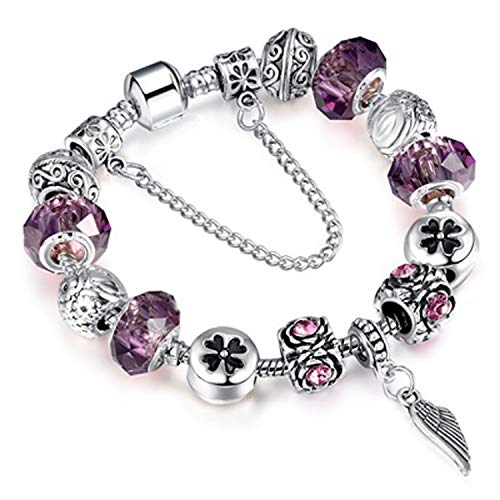 Mother Charms Bracelet for Girls and Women Murano Glass Beads Butterfly Flower Charms Amethyst Bracelets (Flower charm bracelet)