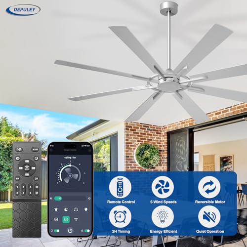Image of Depuley Ceiling Fan Without Light: Big Indoor Outdoor Fan with Remote APP Control - Large Ceiling Fan no Light 8 Blade Reversible Quiet DC Motor Memory Function Timer 66 Inch Silver