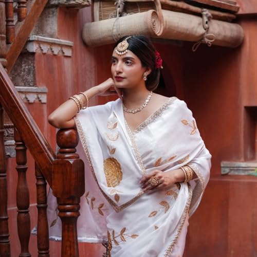 Image of Yashika Women's Organza Satin Butti Work With Zari Lace Border Embroidered Saree| Women Sari