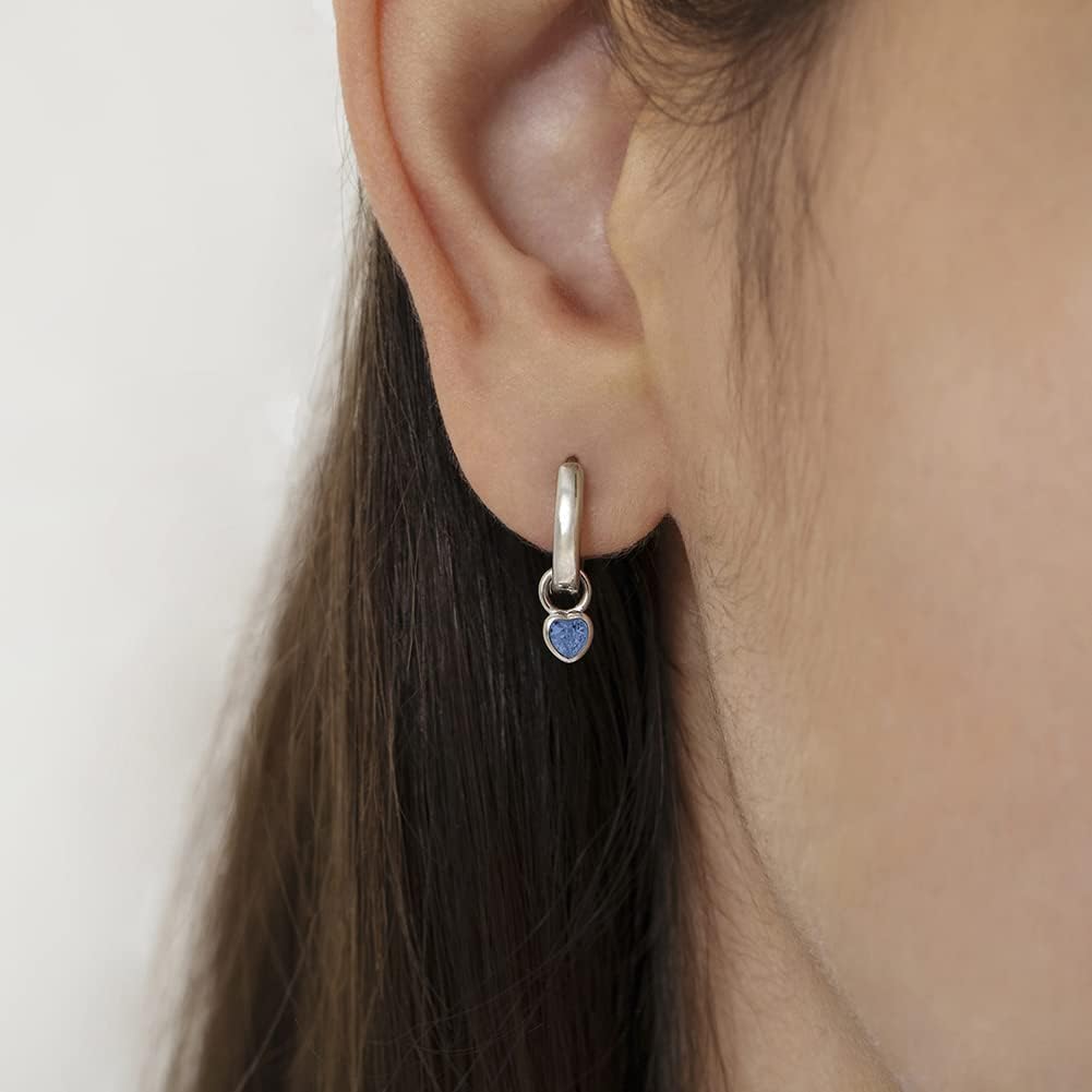 In Season Jewelry Simulated Birthstone Heart Charm Girls Hoop Earrings for Kids - 925 Sterling Silver Little Girl Hoop Earrings - Hypoallergenic & Comfortable with Secure Latch Closure - Image 3