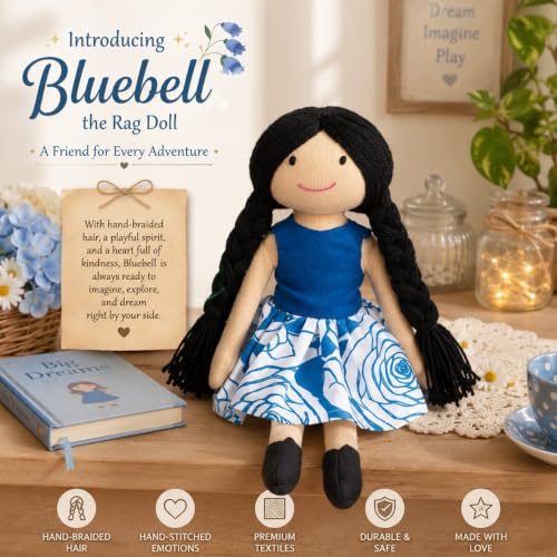 Image of Handcrafted Indian Rag Doll Set, Stitch Soft Toy Doll for Kids, Soft Cotton Fabric Yarn Cloth Doll, Traditional South Indian Soft Toys for Kids Room Decor (Blue, Floral)