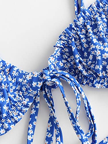 Zaful Ditsy Floral Frilled Tie Knot Front Strappy Bikini Sets Swimwear Blue #TOP4