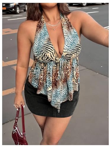 SOLY HUX Women's Plus Size Halter Tops Y2k Leopard Animal Print Deep V Neck Peplum Ruffle Asymmetrical Summer Top3