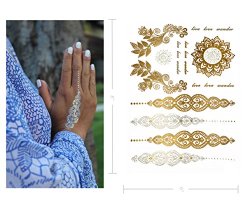 Terra Tattoos Gold Turquoise Metallic Temporary Tats 75+ Boho Henna Designs Feathers, Stars, Birds - Waterproof Nontoxic Long Lasting Perfect For Beach, Festivals, & More! #TOP4