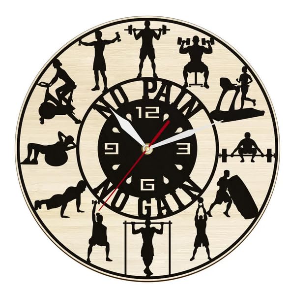 Fitness Gym Wooden Wall Clock, Modern Design, Bodybuilding No Pain No Gain, 3D Decoration, Vintage Clock Wall Watch, Home Decor (GY-3)-image-2
