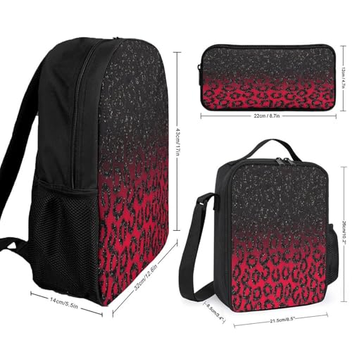 Red Black Glitter Leopard Print Backpack Set 3 Pieces Backpacks Lunch Bag Wallet For Travel Outdoor Sports2