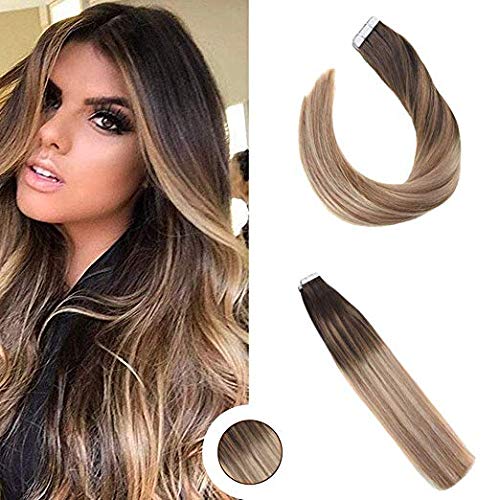 Ugeat 16 Inch Remy Tape on Hair Extensions Darkest Brown Mixed Golden Brown and Sunkissed Blonde Balayage Double Sided Skin Weft Human Hair Extensions 50g/20pcs