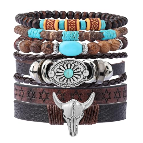 Eigso Western Cowboy Armband für Frauen Cowgirl Lederarmbänder Vintage Türkis Holzperlenarmband für die Frau