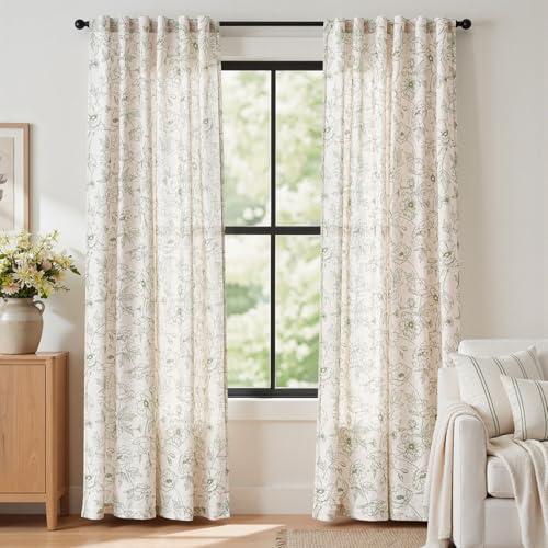 JINCHAN jinchan Floral Linen Curtains for Living Room 84 Inch Length Green Flower Curtain Rod Pocket Back Tab Farmhouse Curtains with Printed Floral Bedroom Window Curtain Set, 2 Panels Green