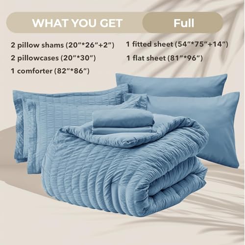 Image of HYMOKEGE Mineral Blue Full Size Comforter Sets Seersucker 7 Pieces, All Season Luxury Bed in a Bag for Bedroom, Bedding Set with Comforter, Sheets, Pillowcases & Shams