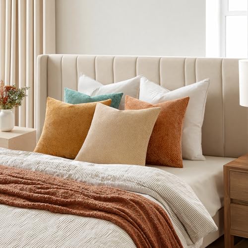 Image of MIULEE Pack of 4 Orange /Teal Couch Throw Pillow Covers 18x18 Inch Yellow Green Soft Decorative Chenille Pillows Farmhouse Accent Cushions for Boho Fall Home Decor Sofa Bedroom Living Room