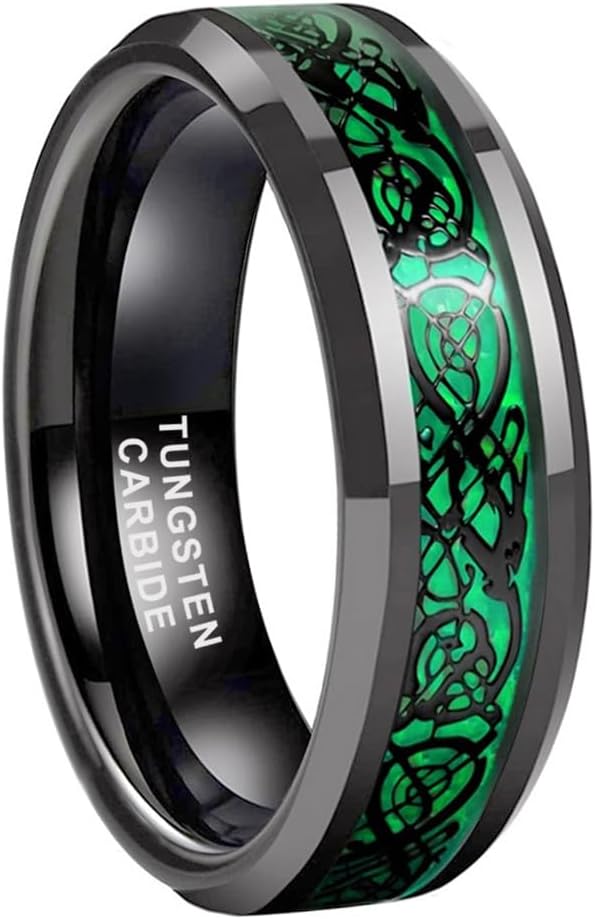TUTISS 6mm 8mm Gunmetal Tungsten Rings for Men Women Wedding Bands Red Greeb Carbon Fiber Celtic Dragon Inlay Beveled Edges Polished Comfort Fit