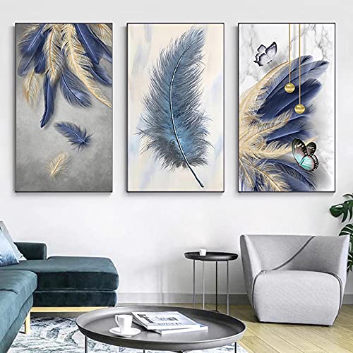 Affiches et Gravures Cuadros Art Décor Salon Giclée Plume Bleu 3pcs