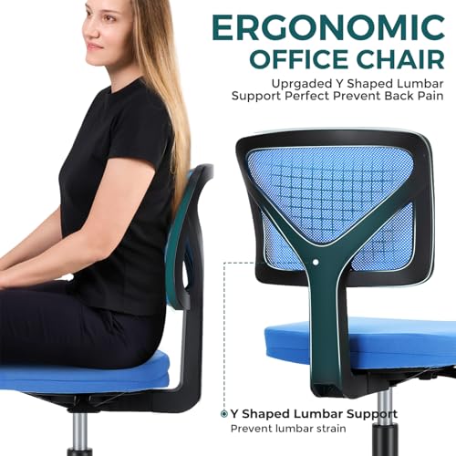 Image of DUMOS Small Office Chairs with Wheels, Ergonomic Adjustable Home Desk Swivel Rolling Task Chair No Arms, Comfy Mesh Mid Back Computer Work Vanity Desk Chairs for Small Spaces, Blue