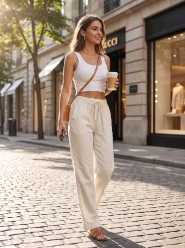 Image of THUMBA Women's Cotton Linen Wide Leg Pants | Elastic Waist Relaxed Fit Trousers | Breathable Summer Palazzo Pant with Pockets| Casual Office Travel Wear