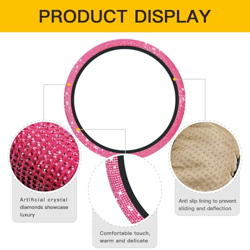 Image of Car Steering Wheel Cover with Sparkly Rhinestones, Bling,Suitable for Most 14.5 inch-15 inch Pickup Trucks, SUV (Pink)