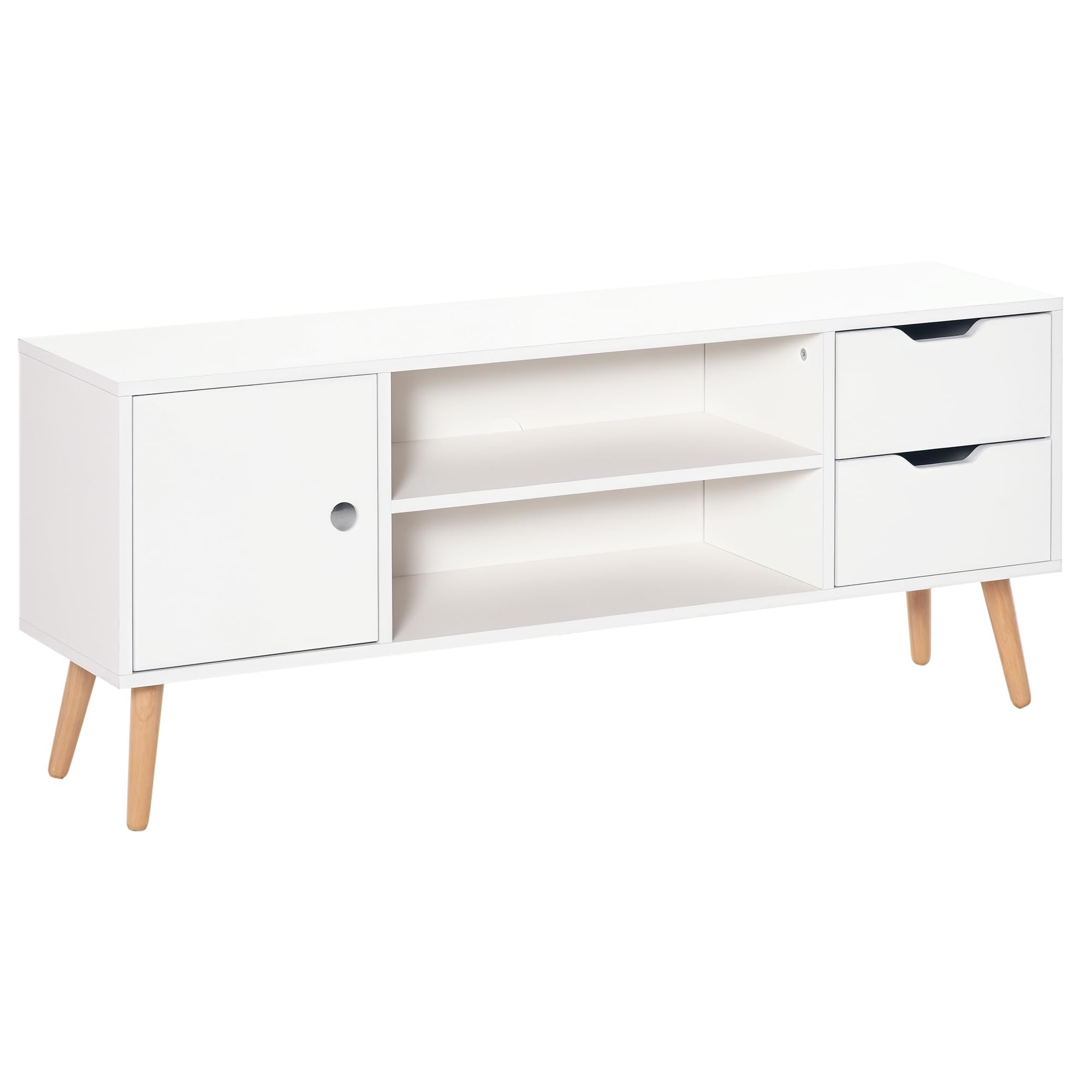 HOMCOM Mueble de TV para Televisiones de 50" Mesa de Salón Moderno con Puerta 2 Estantes Abiertos y 2 Cajones Carga 30 kg para Dormitorio Sala 120x28x44 cm Blanco