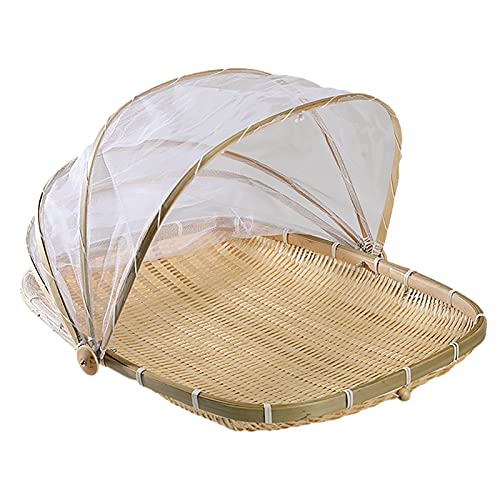 FYBlossom Corbeille à Fruits Bambou Avec Gaze - Panier Osier Anti-Insectes Avec Couvercle (M: 34x29cm)
